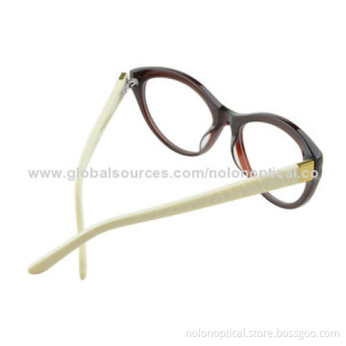 Cat eye shape acetate optical frames in brown with white